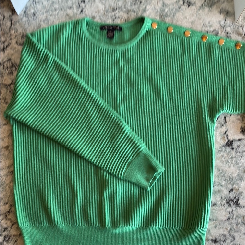 Green Ribbed Sweater with Gold Button Accents Carolyn Taylor Medium